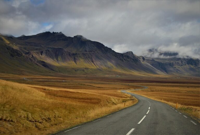 mountains, way, perspective, distant view, travel, scenery, nature, cloudy, iceland, the language of the earth, asphalt, brown travel